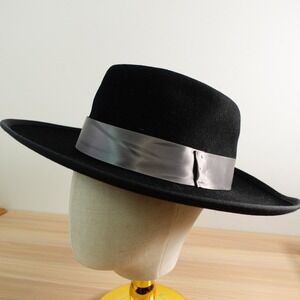 Black Wool Felt Fedora Hat M Wide Brim Gray Satin Ribbon USA Made BOLLMAN HXC
